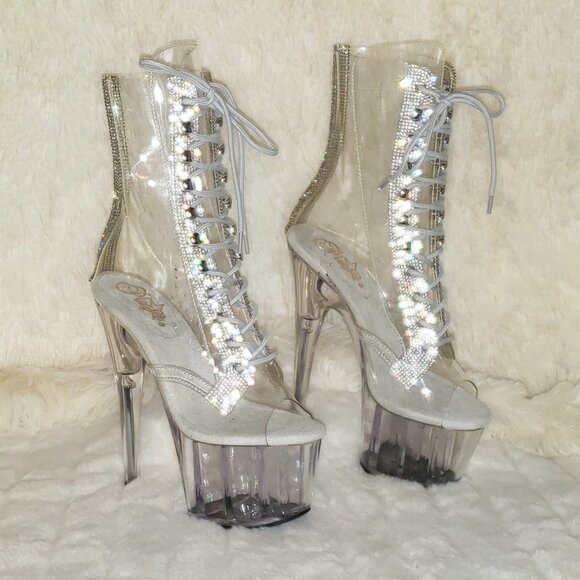 Clear High Heel Ankle Boots With Rhinestone Trim 1021c-2 - Picture 6 of 12